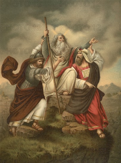 Biblical scene, Bible, Moses' prayer during the battle against the Amalekites, consisted of him