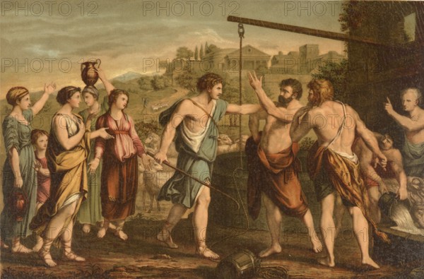 Biblical scene, Bible, Moses defended the daughters of Jethro by driving away shepherds who drove