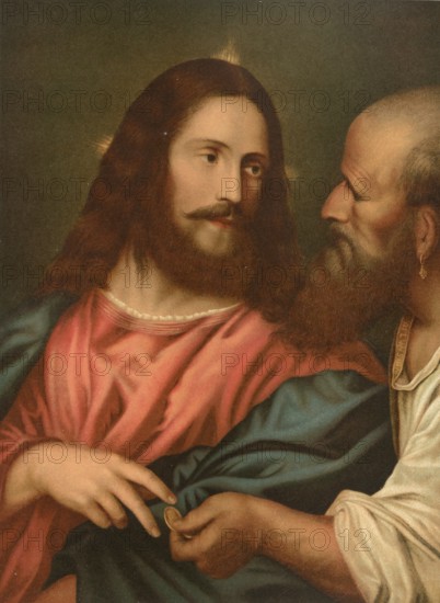 Biblical scene, Bible, The coin for the temple tax. The coin used for temple tax in the time of