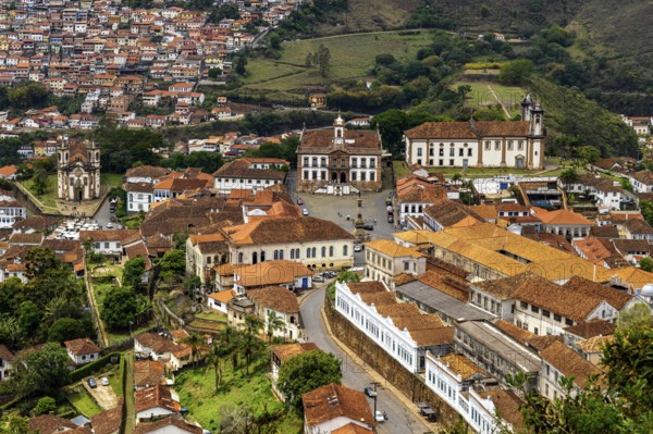 Historic city of Ouro Preto with its baroque and colonial houses and churches, viewed from above,