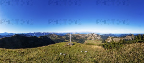 Drone shot, summit cross, Hoher Zinken, Postalm, Osterhorn Group, Salzkammergut, Province of