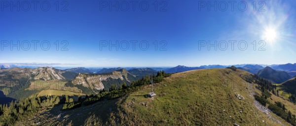 Drone shot, summit cross, Hoher Zinken with Holzeck and Königsbergerhorn, Postalm, Osterhorn Group,