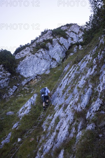 Hikers at the Iron Ladder on the way to Rettenkogel, Postalm, Osterhorn Group, Salzkammergut,