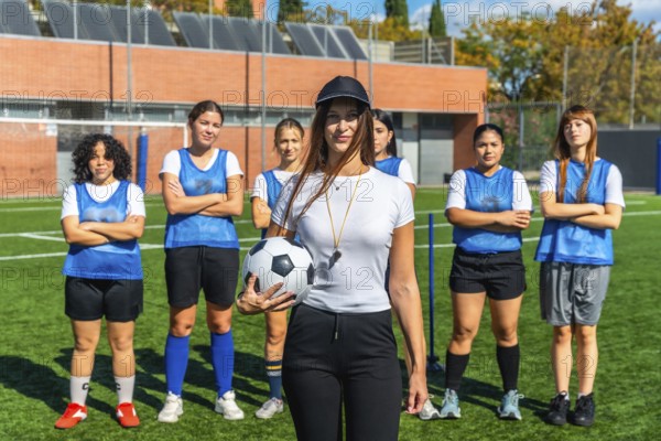 Female soccer coach holding a football and whistle, leading a diverse women's team on artificial
