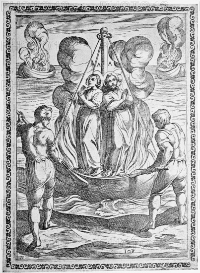 Torture, ordeal, inquisition, convict sent out to sea on a ship full of fuel that was set on fire,