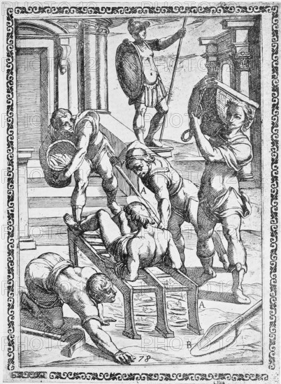 Torture, ordeal, inquisition, a. convict roasting on an iron grate or grill, b. Iron shovel to stir