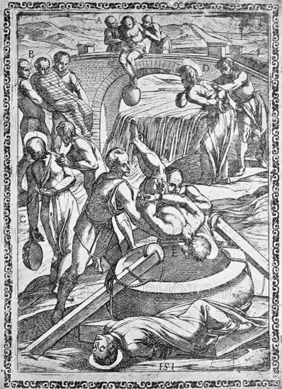Torture, Torture, Inquisition, a. Condemned thrown into a river with a heavy stone at the foot, b.