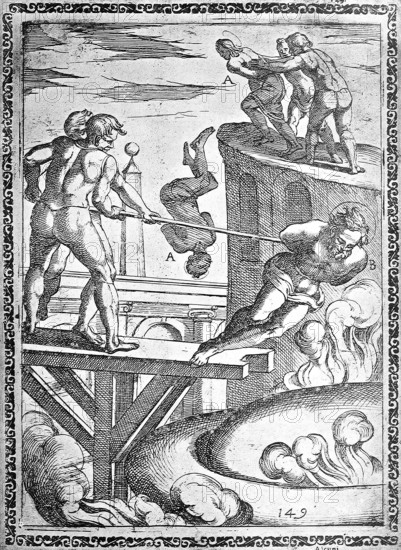 Torture, ordeal, inquisition, a. Condemned person who was thrown headlong from a great height b.