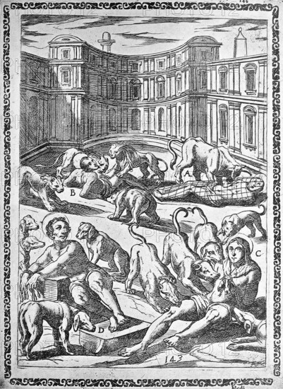 Torture, ordeal, inquisition, a. convict caught in a net and accused of eating by a wild bull, b.