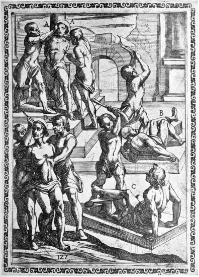 Torture, Torture, Inquisition, a. convict whose skin is torn off his face, b. whose feet are