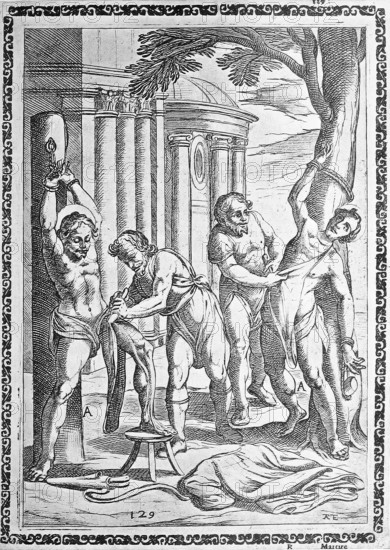 Torture, convicted person skinned alive, illustration, reproduction from a 16th century model,