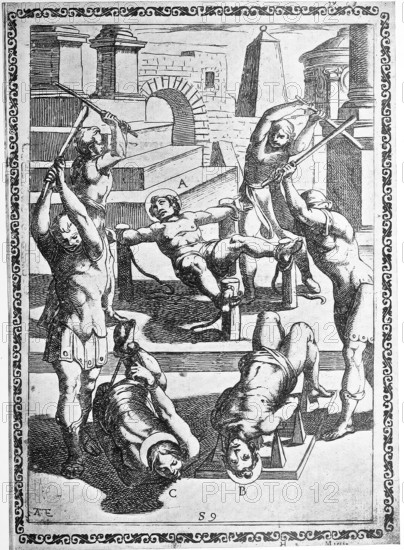 Torture, ordeal, inquisition, a. convict tied to four posts and beaten with sticks, b. Condemned