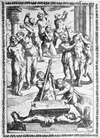 Torture, ordeal, inquisition, a. convict who receives slaps and kicks and whose face is bruised