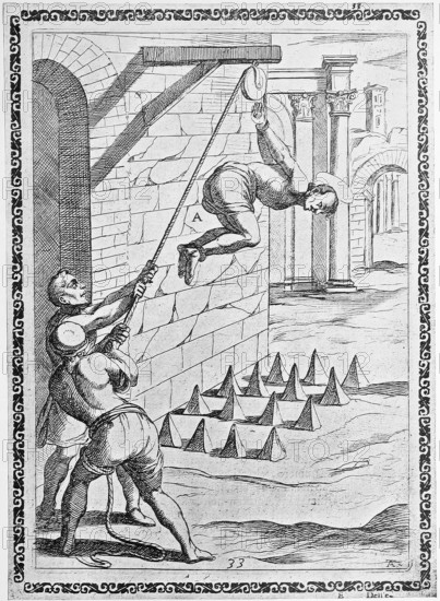 Torture, ordeal, inquisition, a. convicted person with hands tied behind his back, lifted into the