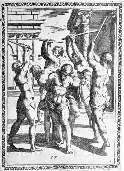 Torture, ordeal, inquisition, convicted person tied to a stake or pillar rammed into the ground and