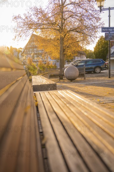 Empty wooden bench in a sunlit village square with half-timbered house in the background,