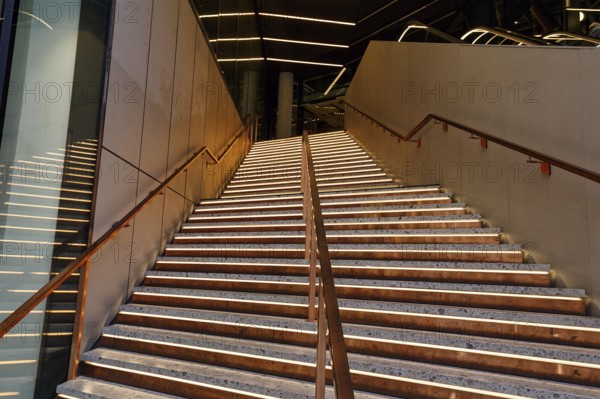 Illuminated staircase to cinema, modern architecture, Kinopolis, Westfield Überseequartier, modern