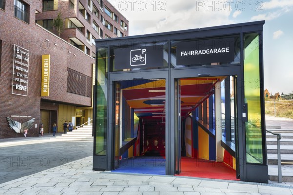 Colourful bicycle garage, bicycle parking garage at the Museum of Immersive Art, Port des Lumières,