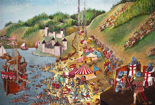 Battle of Golubac, painting in Golubac Fortress or Kolumbatz or Pigeon Town or Dove Castle on the