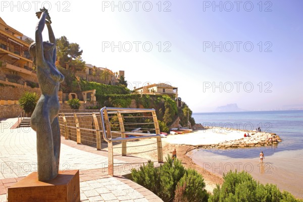 Sculpture, bay, Moraira, former fishing village, pearl of the Costa Blanca, Mediterranean Sea,
