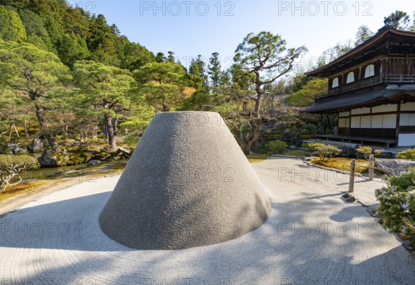 Rock garden, Zen garden with Kogetsudai Mount Fuji replica, Jisho-ji or Ginkaku-ji, Zen temple,