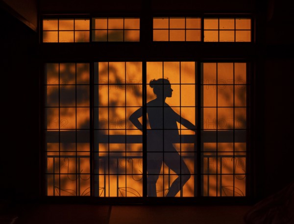Shades of a woman on the balcony behind a sliding shoji door in a traditional Japanese house,