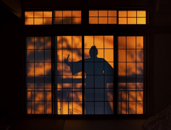 Shadow of a woman, burglar with knife, assassin, ninja, on the balcony behind a sliding shoji door