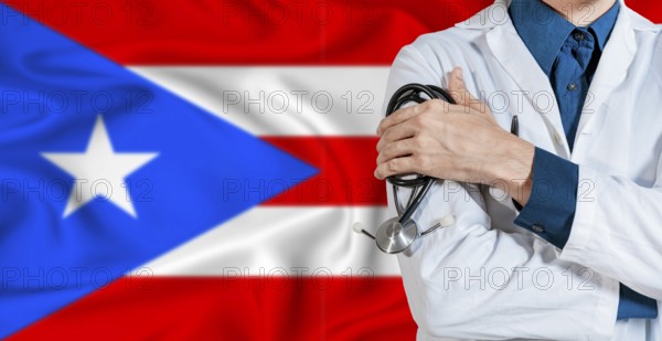 Puerto Rican healthcare concept. Doctor with stethoscope on Puerto Rico flag. Doctor holding