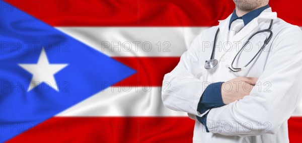 Puerto Rico healthcare concept. Male doctor on Puerto Rico flag. Doctor with crossed arms on Puerto