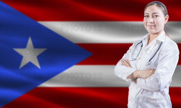 Female doctor on Puerto Rico flag. Doctor with crossed arms on Puerto Rico flag. Puerto Rican