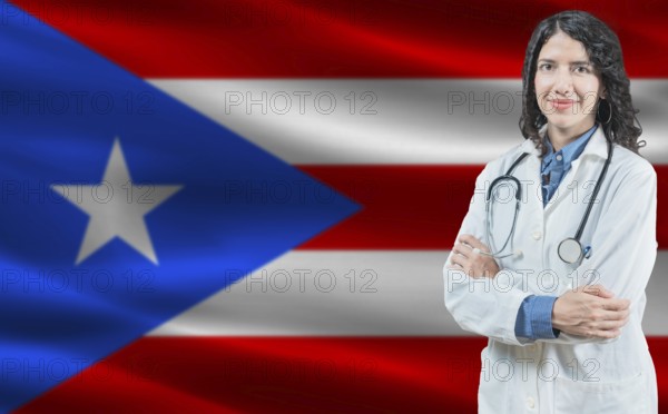 Puerto Rican medicine and healthcare concept. Close up of doctor against Puerto Rico flag