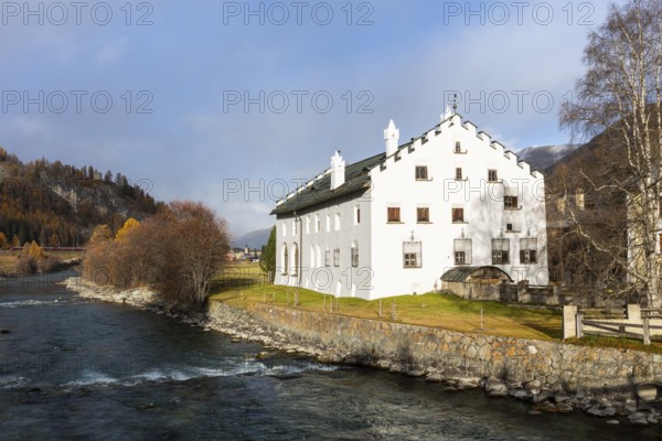 Chesa Merleda, House, Inn, Railway, Rhaetian Railway (RhB, Autumn, La Punt Chamue, Engadin,
