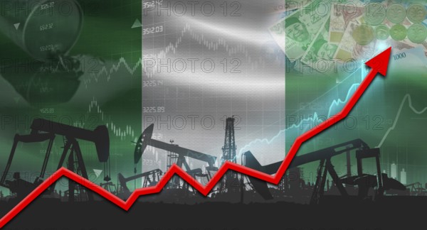 Growth of oil industry with Nigerian flag. Oil pumps with Nigerian flag. Oil production with