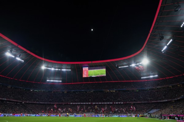 Overview, total, evening game, floodlight, night view, moon, goal, scoreboard, Allianz Arena,