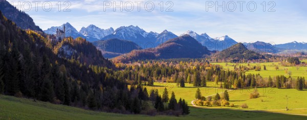 Panoramic picture, vast landscape with green fields, the distant Neuschwanstein Castle and majestic