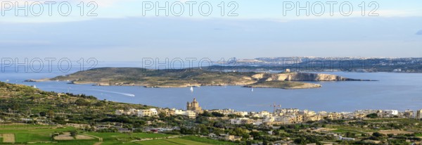 Panoramic view of three islands in the Mediterranean from the state of Malta in front island of