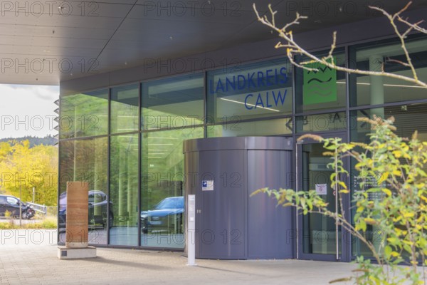 Stained glass window and entrance area of an office building in the Calw district with natural