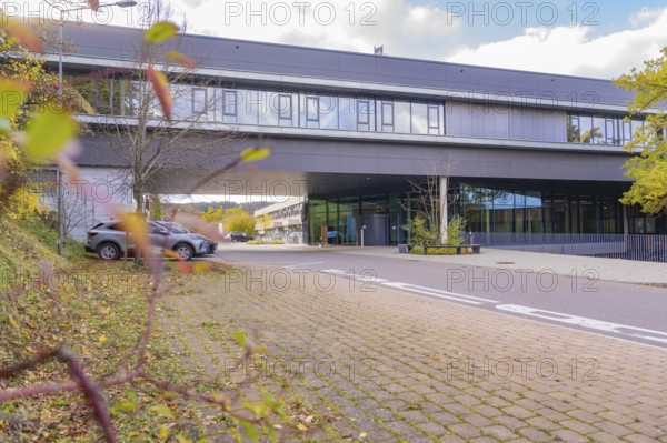 Street scene in front of a modern office building surrounded by autumn leaves and a parking lot,