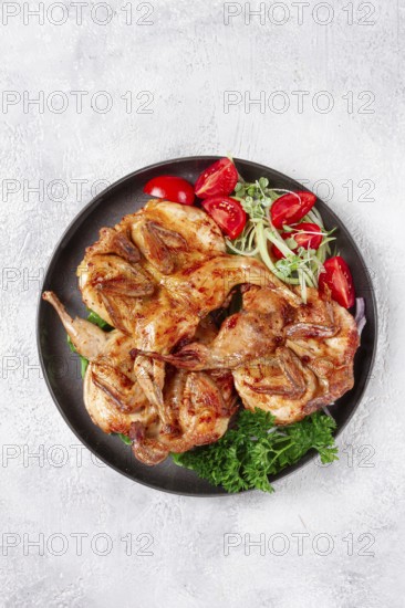 Baked quail, served on a plate with crispy lettuce leaves, fresh tomatoes and herbs, on a dark