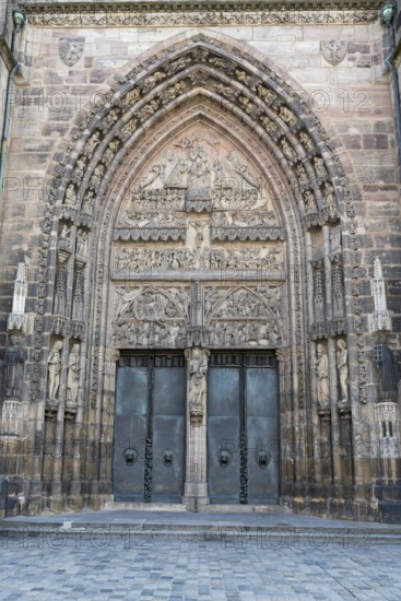 Relief over the entrance portal, west façade, St. Lorenz church, Gothic, old town, Nuremberg,