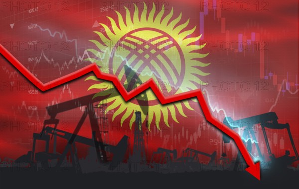 Crude crisis with Kyrgyz flag on financial graph. Fall oil price with flag of Kyrgyzstan on