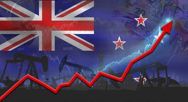 Growth of oil industry with New Zealander flag. Oil pumps with New Zealander flag. Oil production
