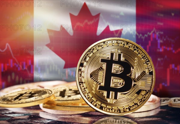 Bitcoin with Canada flag in the background. Investors in cryptocurrency and Blockchain Technology