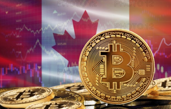 Investors in cryptocurrency and Blockchain Technology in Canada, Concept. Bitcoin with Canada flag