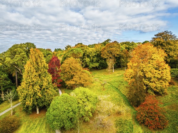 Autumn colours over Bodnant House and Garden from a drone, Conwy River, Colwyn Bay, Conwy, Wales,