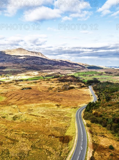 Snowdonia National Park over Road A470 from a drone, Crimea Pass, Blaenau Dolwyddelan, Wales,