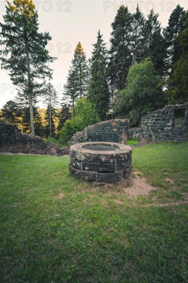 A historic well surrounded by ruins, surrounded by forest and illuminated by soft evening light,