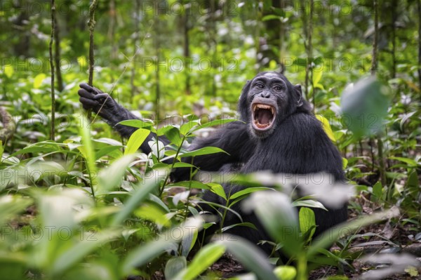 Aggression, chimpanzee (Pan Troglodytes) baring teeth, adult male between leaves in jungle, Kibale