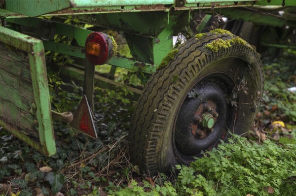 Detailed view, trailer, broken, rotting, moss on tires, wheel, rear light, Oberstenfeld,