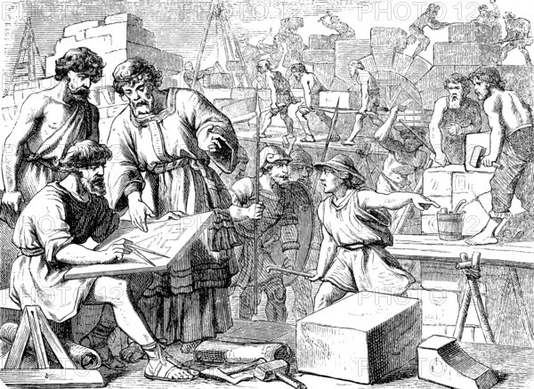 The walls of Jerusalem are built, The Book of Nehemiah, chapter 4, craftsman, stonemason, crane,